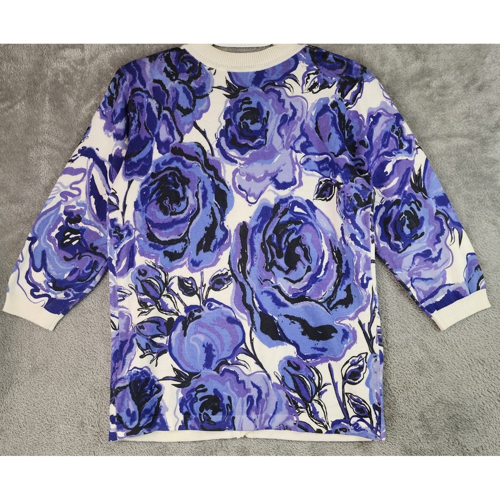 Bob Mackie Wearable Art Sweater Womens XS Purple Blue Floral Rose Cardigan - Picture 2 of 12